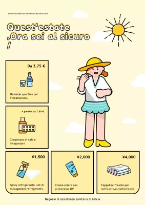 Pubblicità kitsch gialla e arancione di prodotti estivi.