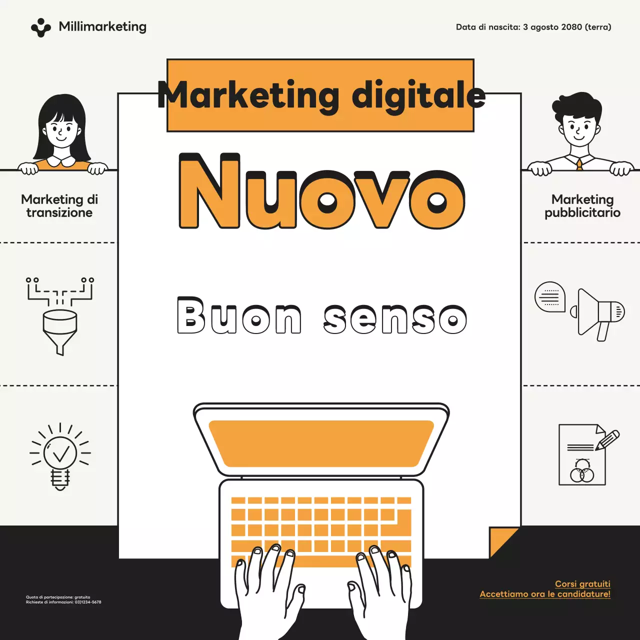 Promuovere un semplice corso online gratuito di marketing arancione e nero.