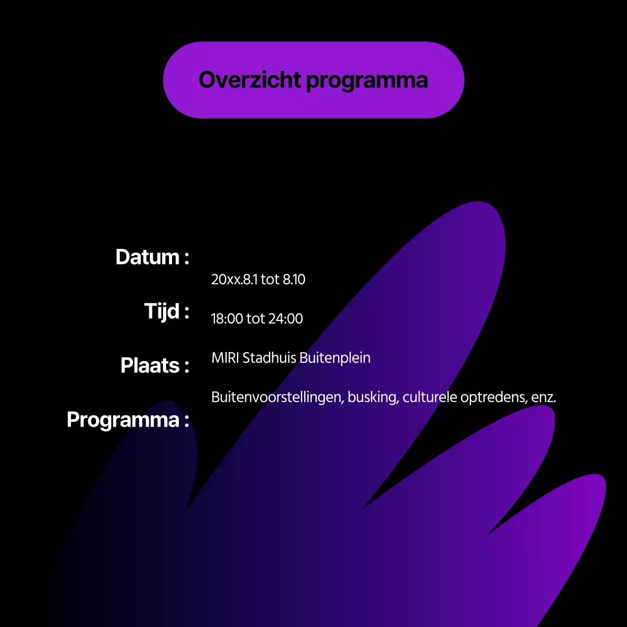 Aankondiging van een kitscherige openluchtvoorstelling van Paars en zwart