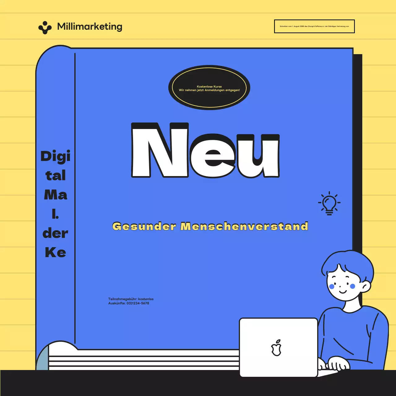 Gelb und blau hervorgehobene Werbung für kostenlose Online-Kurse