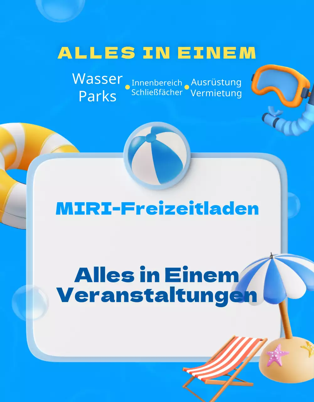 Werbeanzeige eines Freizeitgeschäfts mit blauen und gelben Akzenten
