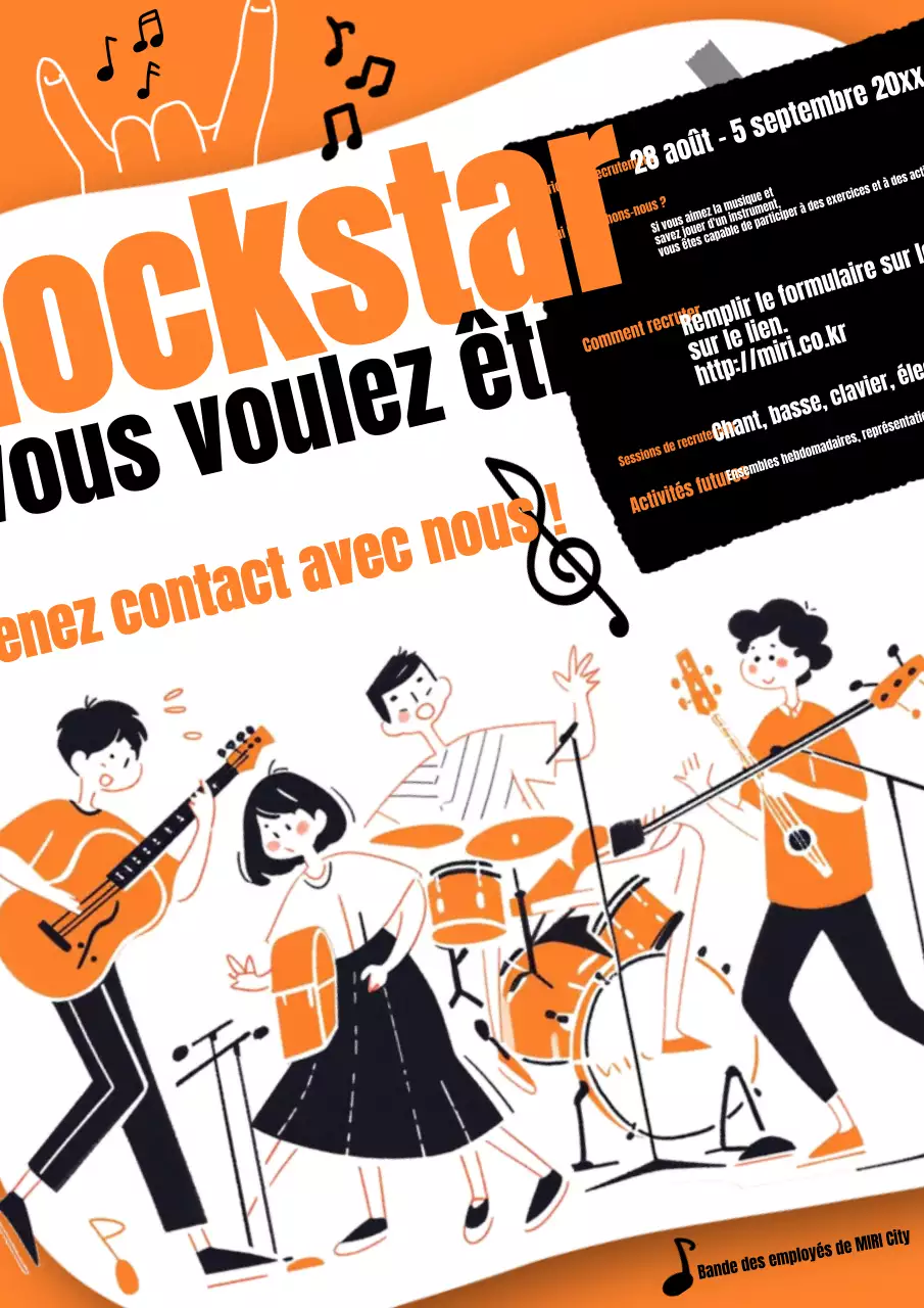 Publicité rétro pour le recrutement d'un groupe de musique en orange et noir