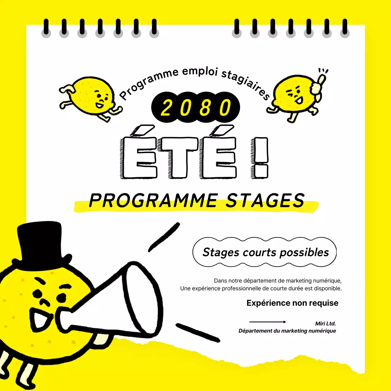 Des touches de jaune et de blanc dans les relations publiques pour le recrutement de stagiaires à court terme.