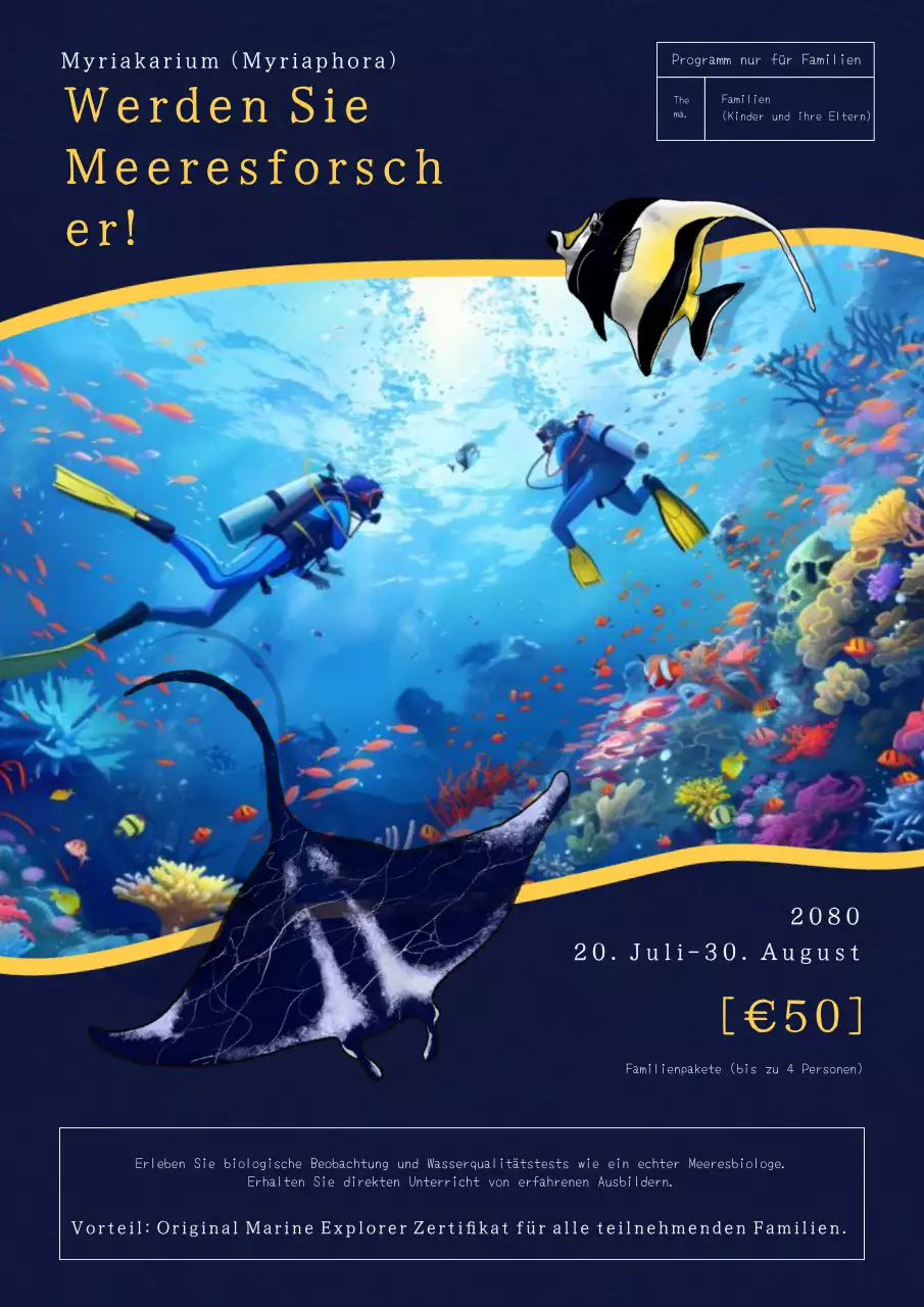 Werbung für die neueste Ausstellung des Aquariums, hervorgehoben in Indigo und Gelb.