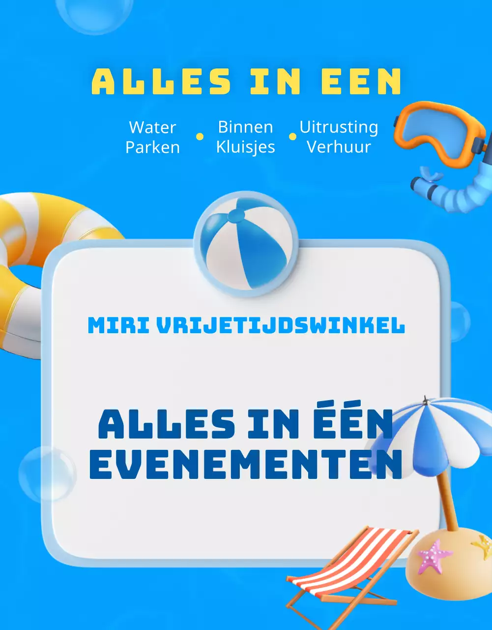 Reclame voor vrijetijdswinkel met blauwe en gele accenten