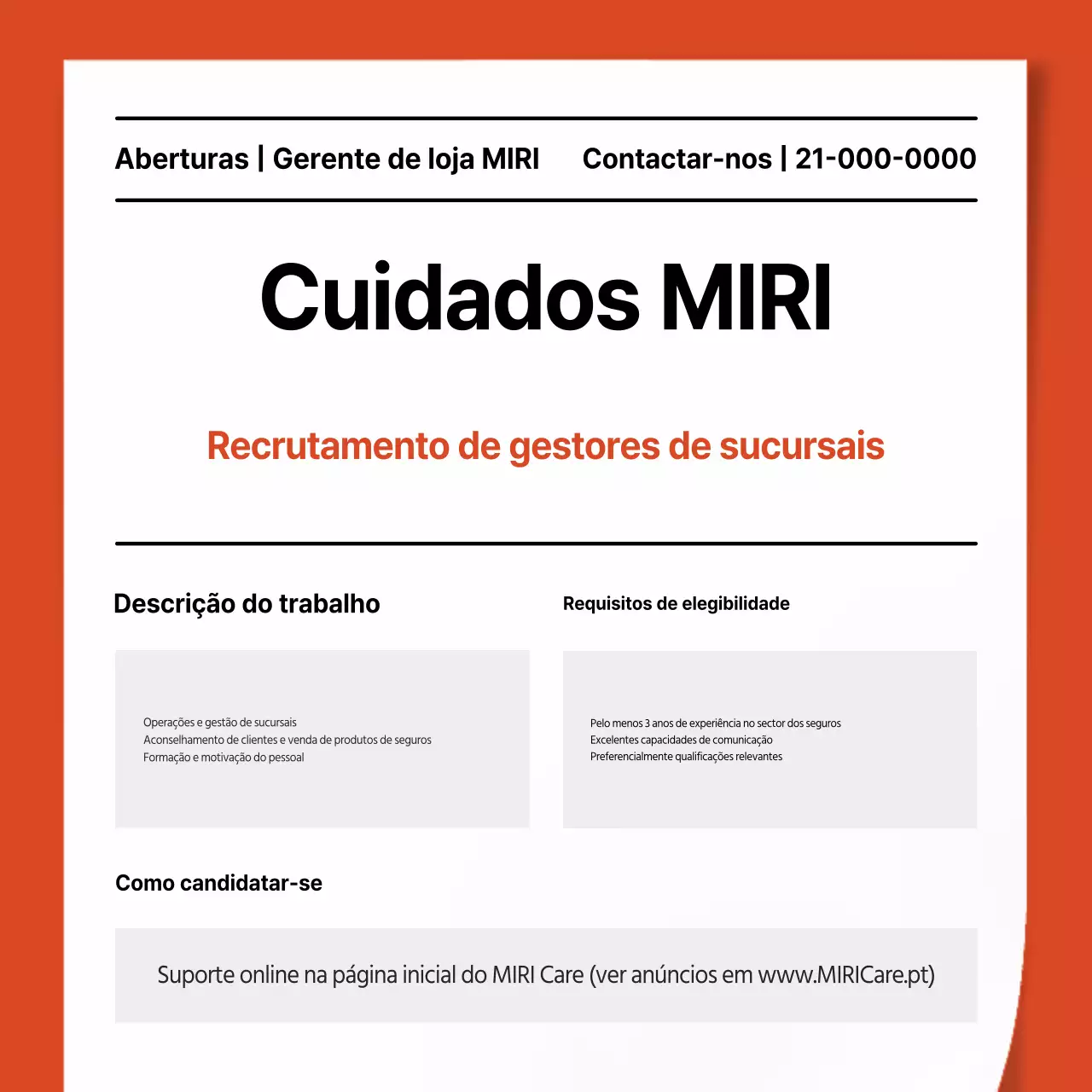 Anúncio de emprego simples de diretor de filial de companhia de seguros a laranja e branco