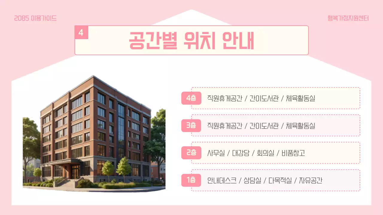 파랑과 핑크색의 아기자기한 가정지원센터 이용 방법 안내서