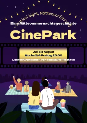 Werbung für eine tropische Kinonacht in Gelb und Lila