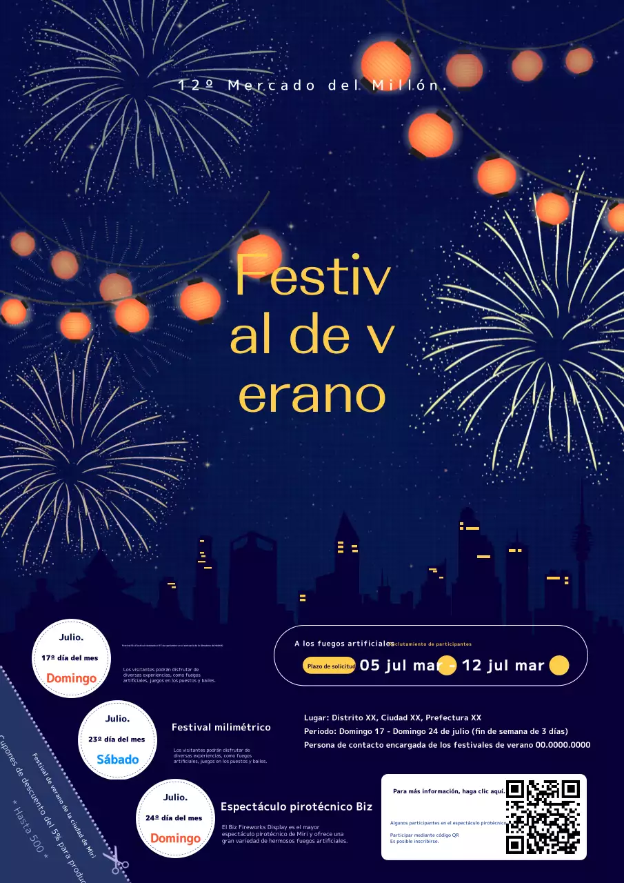 Promocione un festival de verano con un colorido concepto de paisaje nocturno azul marino