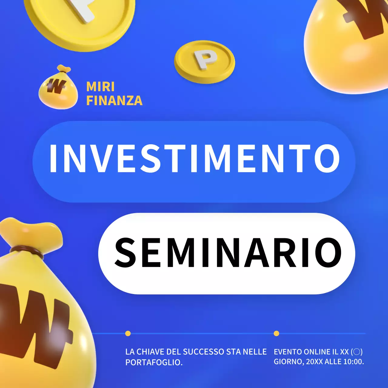 Pubblicità per seminari di investimento alla moda in blu e giallo.