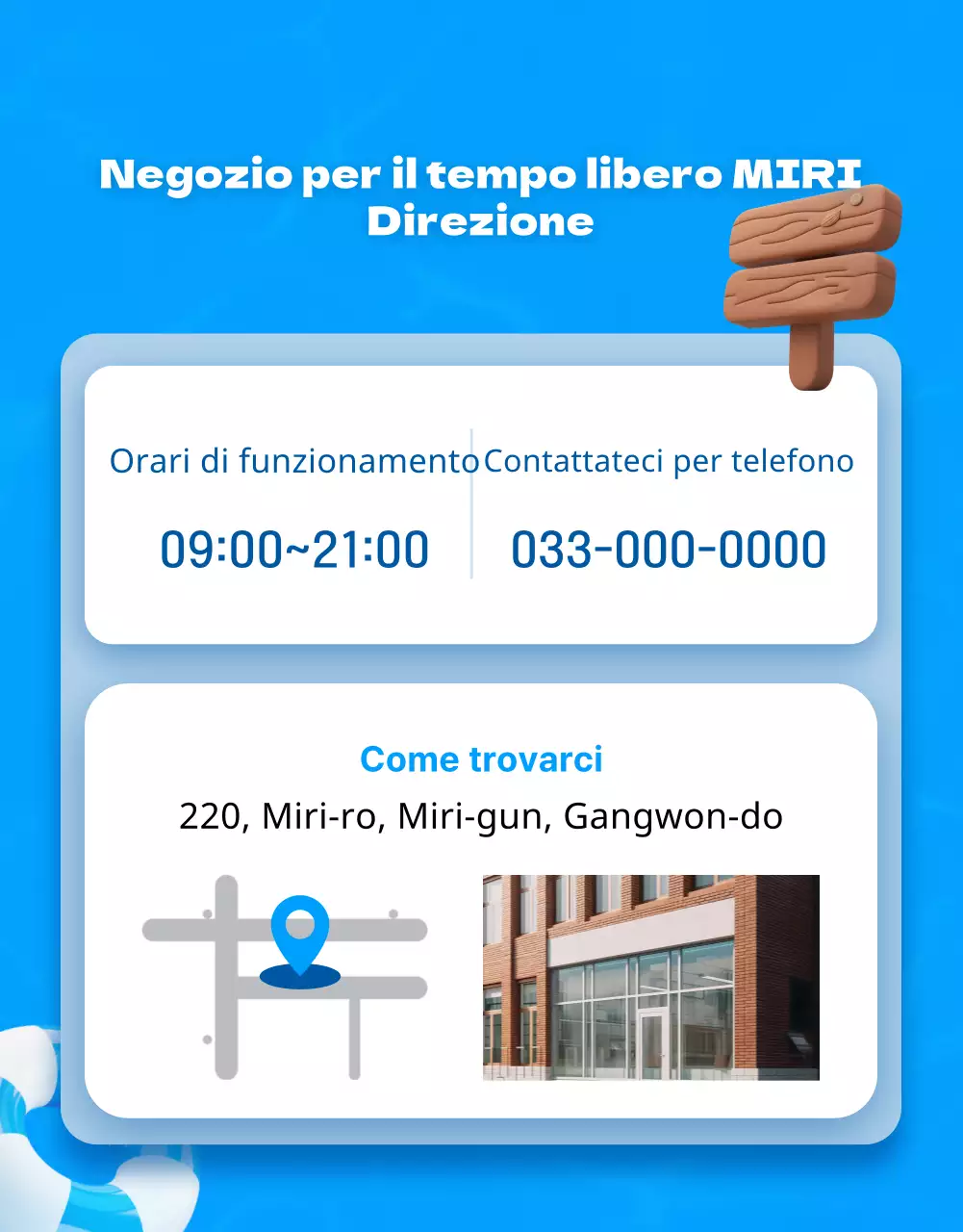 Pubblicità promozionale di un negozio per il tempo libero con accenti blu e gialli