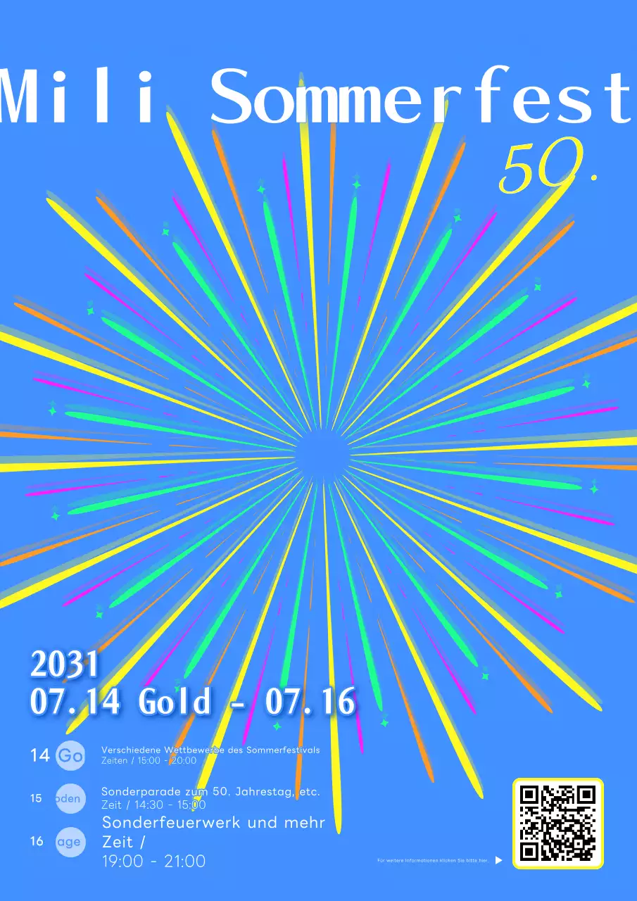 Werbung für ein Sommerfest mit einem einfachen, farbenfrohen Konzept mit blauem Feuerwerk