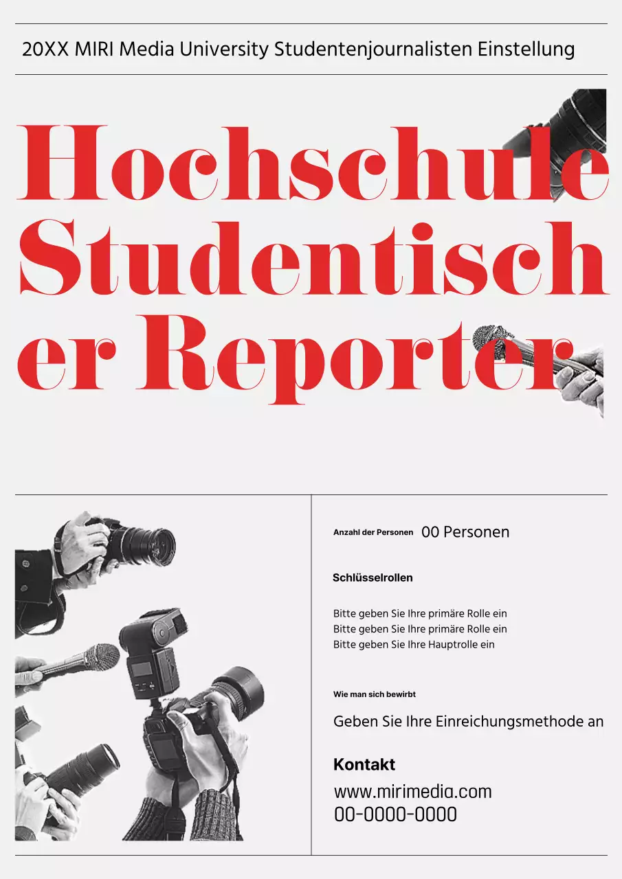 Ein grau-rotes College-Journalisten-Team sucht einen neuen Reporter
