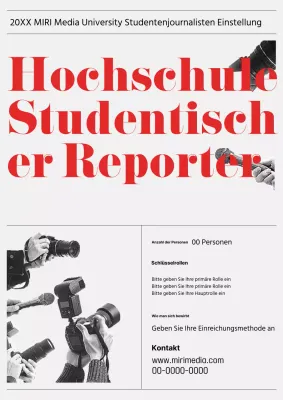 Ein grau-rotes College-Journalisten-Team sucht einen neuen Reporter