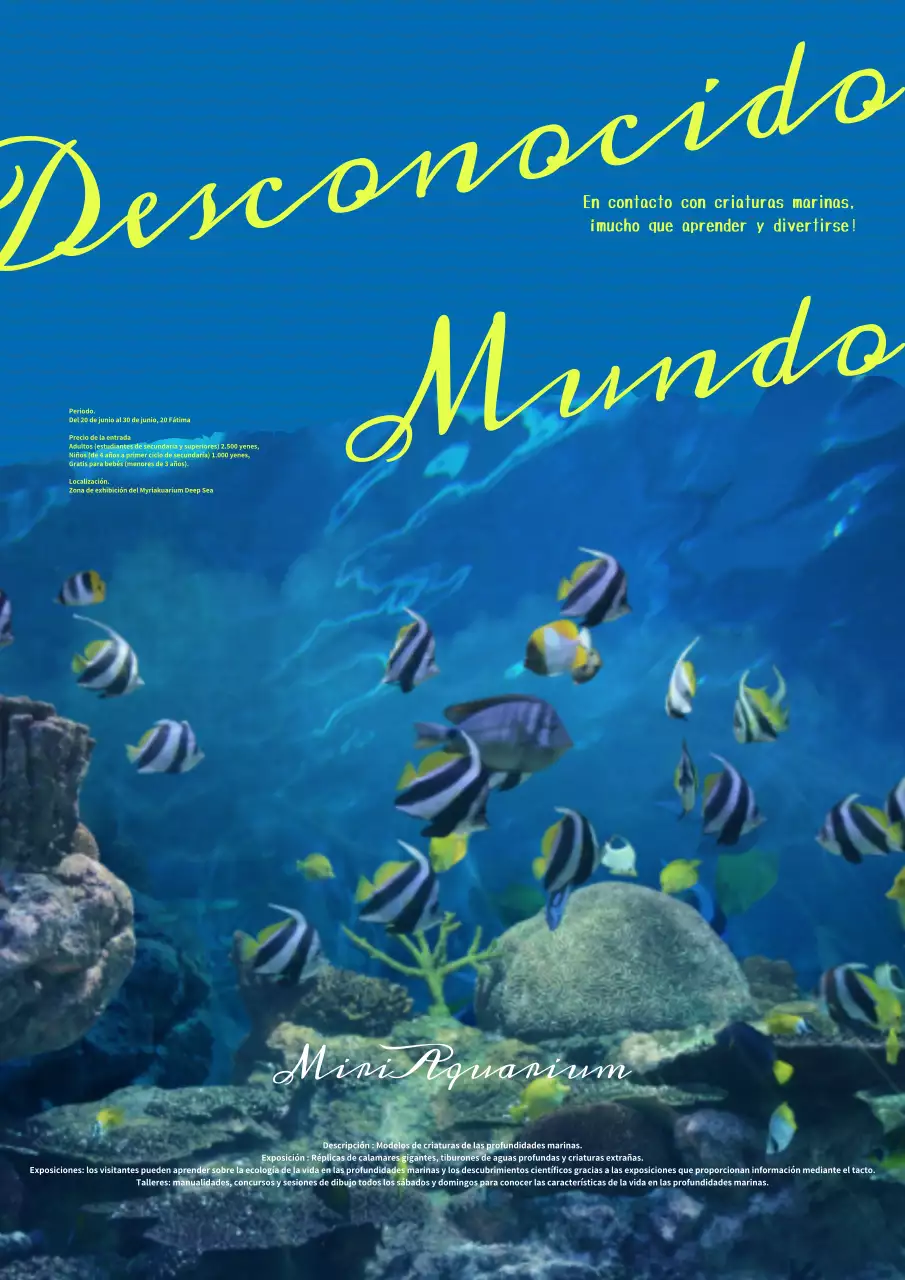 Publicidad de la moderna exposición del acuario azul y amarillo.