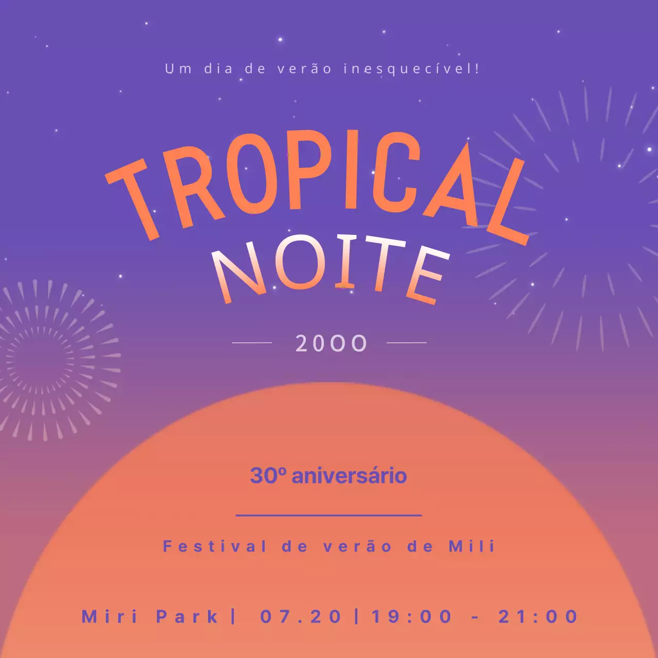 Anúncio de fogo de artifício de verão tropical laranja e roxo.
