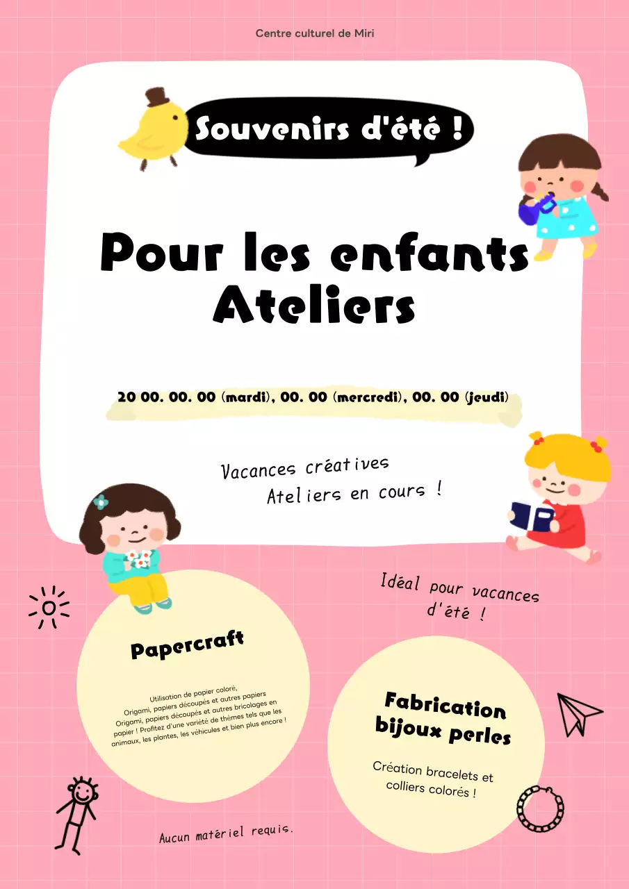 Flyer pour un atelier de vacances d'été pour enfants, rose et jaune