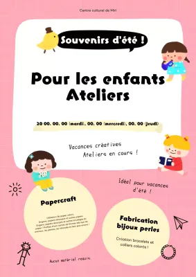 Flyer pour un atelier de vacances d'été pour enfants, rose et jaune