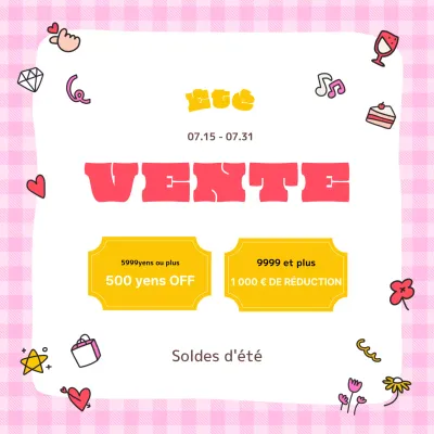 Annonces de soldes d'été kitsch rouges et roses.