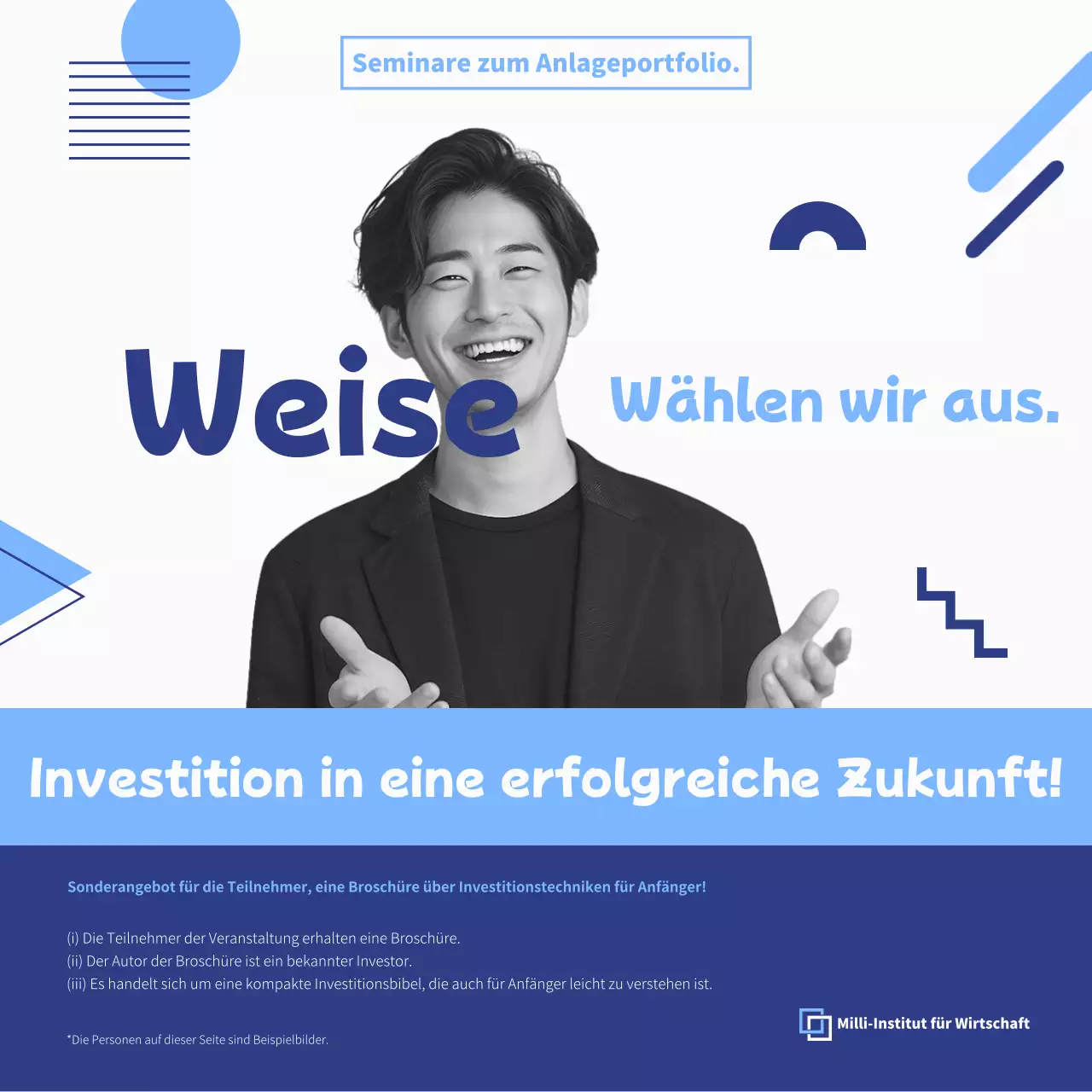 Werbung für moderne Investitionsseminare in Indigo und Hellblau.