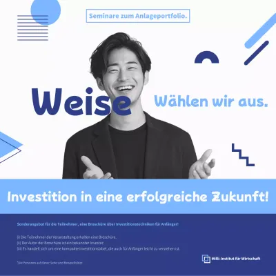 Werbung für moderne Investitionsseminare in Indigo und Hellblau.