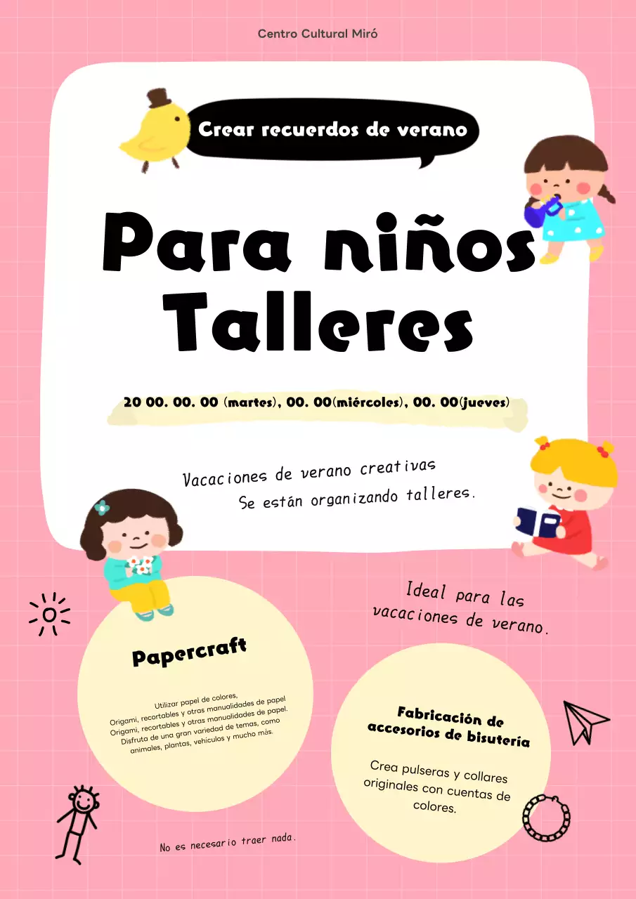 Bonito taller infantil rosa y amarillo para las vacaciones de verano Flyer