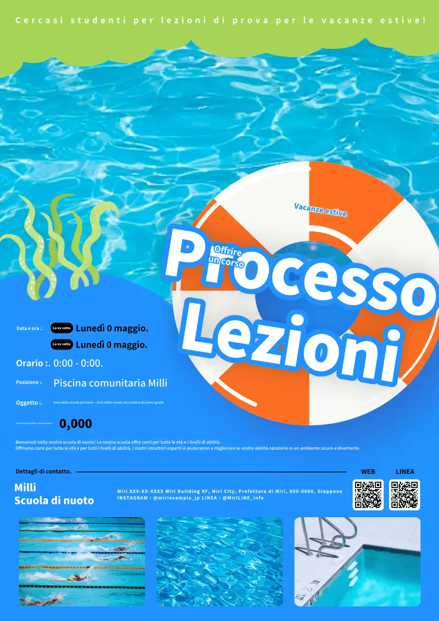 Una moderna pubblicità blu e arancione per i corsi di nuoto.