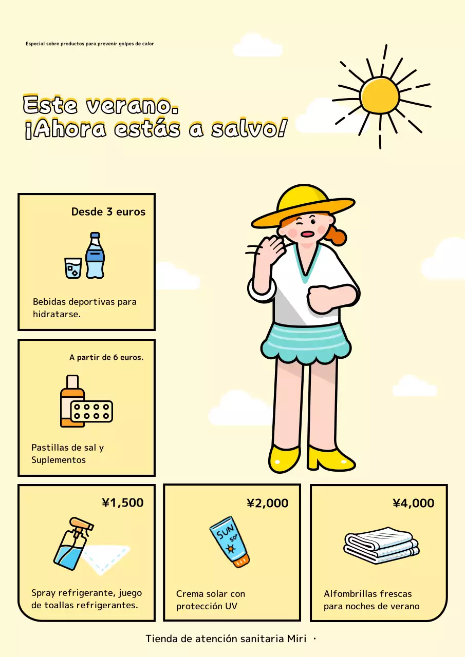 Publicidad kitsch amarilla y naranja de productos relacionados con el verano.