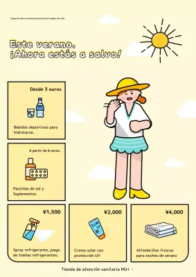 Publicidad kitsch amarilla y naranja de productos relacionados con el verano.