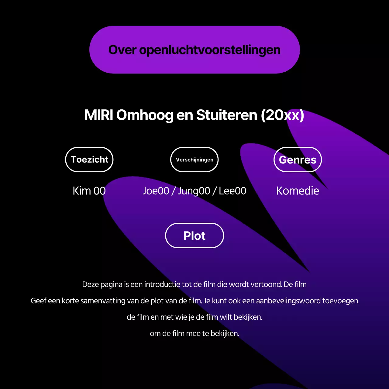 Aankondiging van een kitscherige openluchtvoorstelling van Paars en zwart