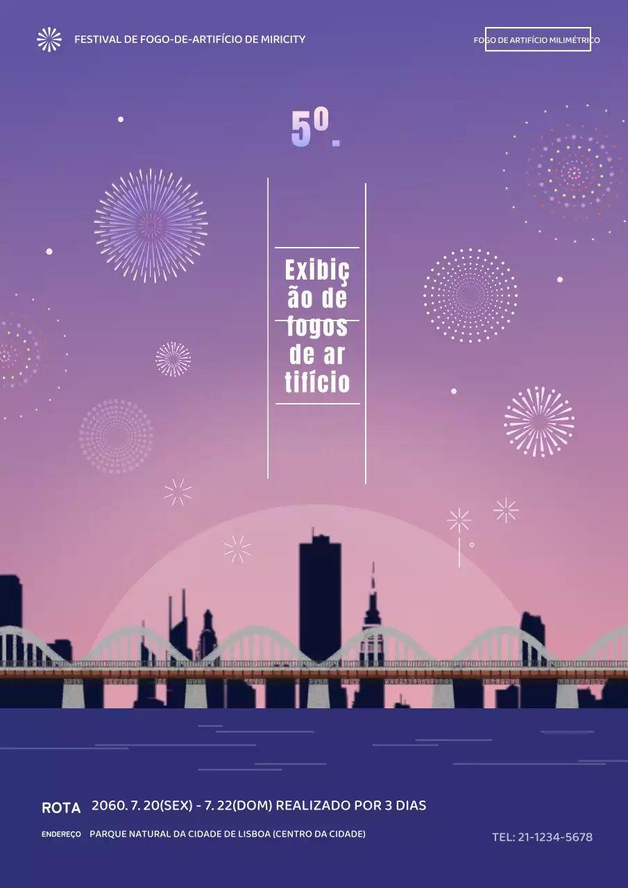 Publicidade a um fantástico espetáculo de fogo de artifício azul e púrpura.