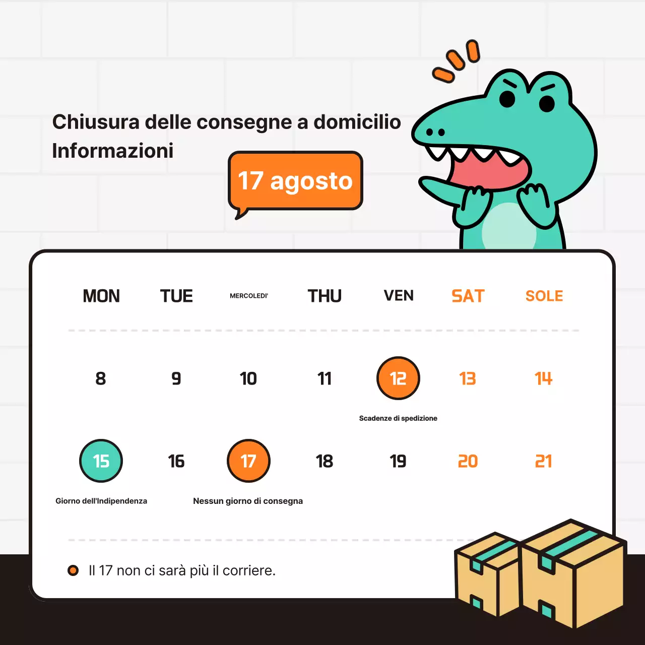 Annunci di chiusura del corriere in bianco e arancione, in stile kitsch