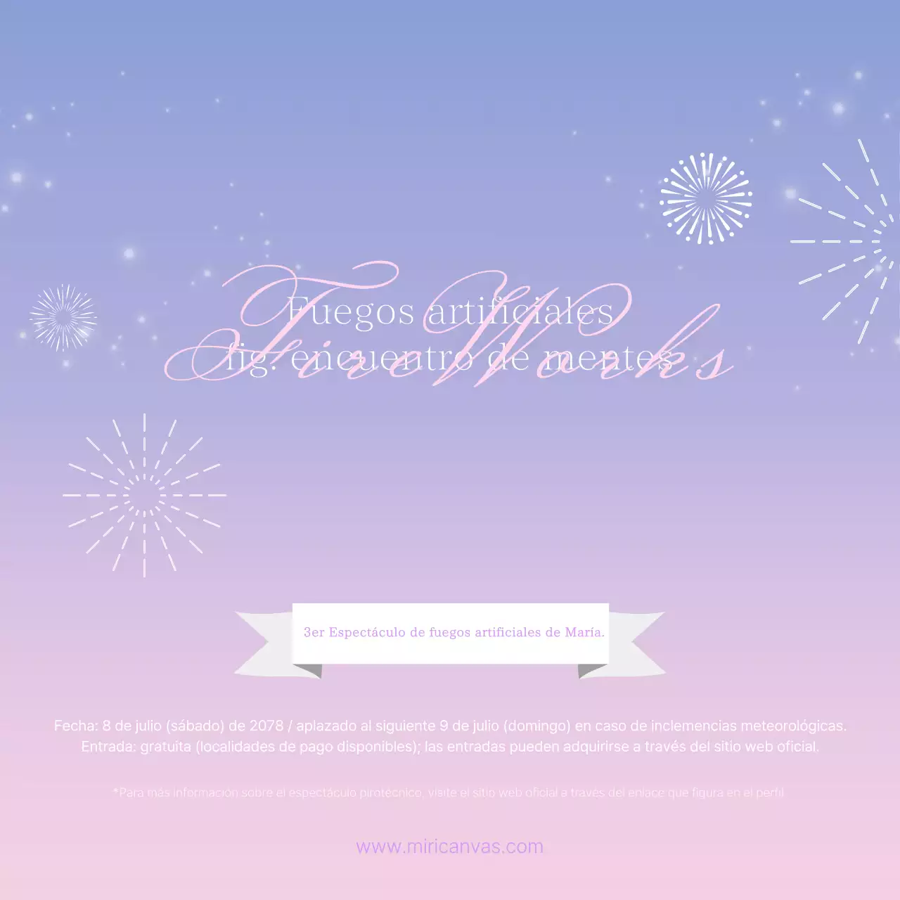 Moderna publicidad de fuegos artificiales de verano en colores rosa y lavanda.