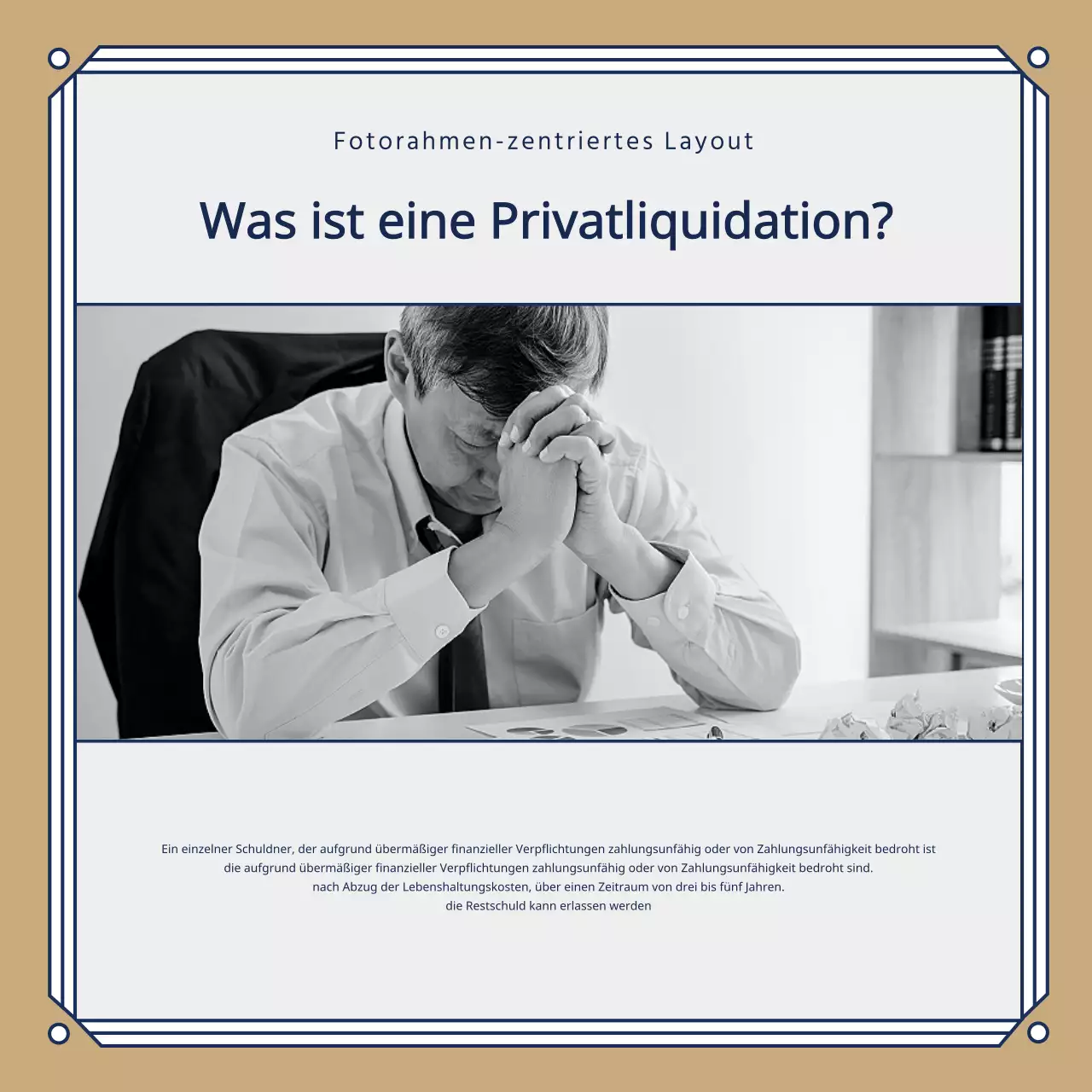 Werbung für eine elegante Anwaltskanzlei in Marineblau und Gold