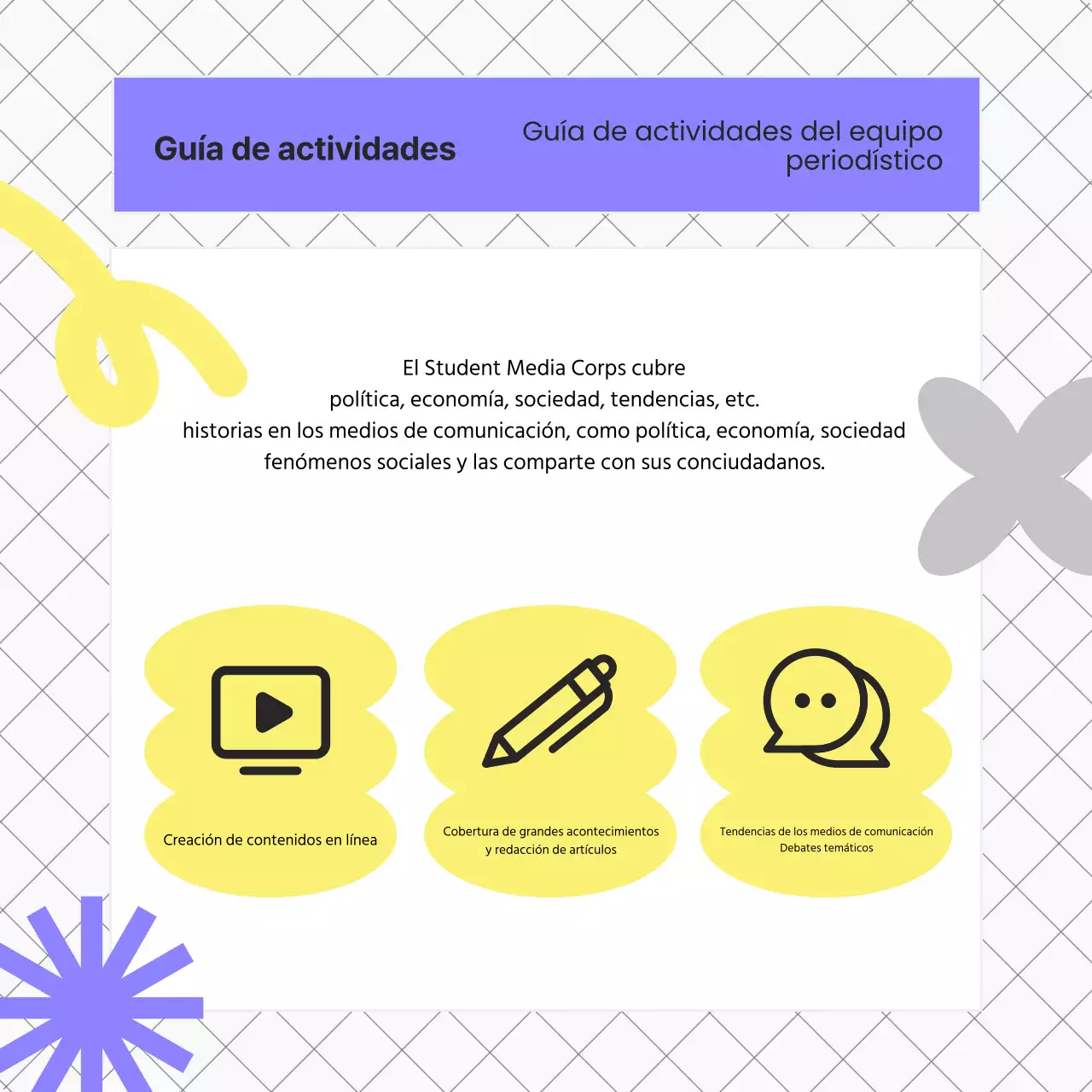 Guía kitsch de contratación universitaria en morado y amarillo