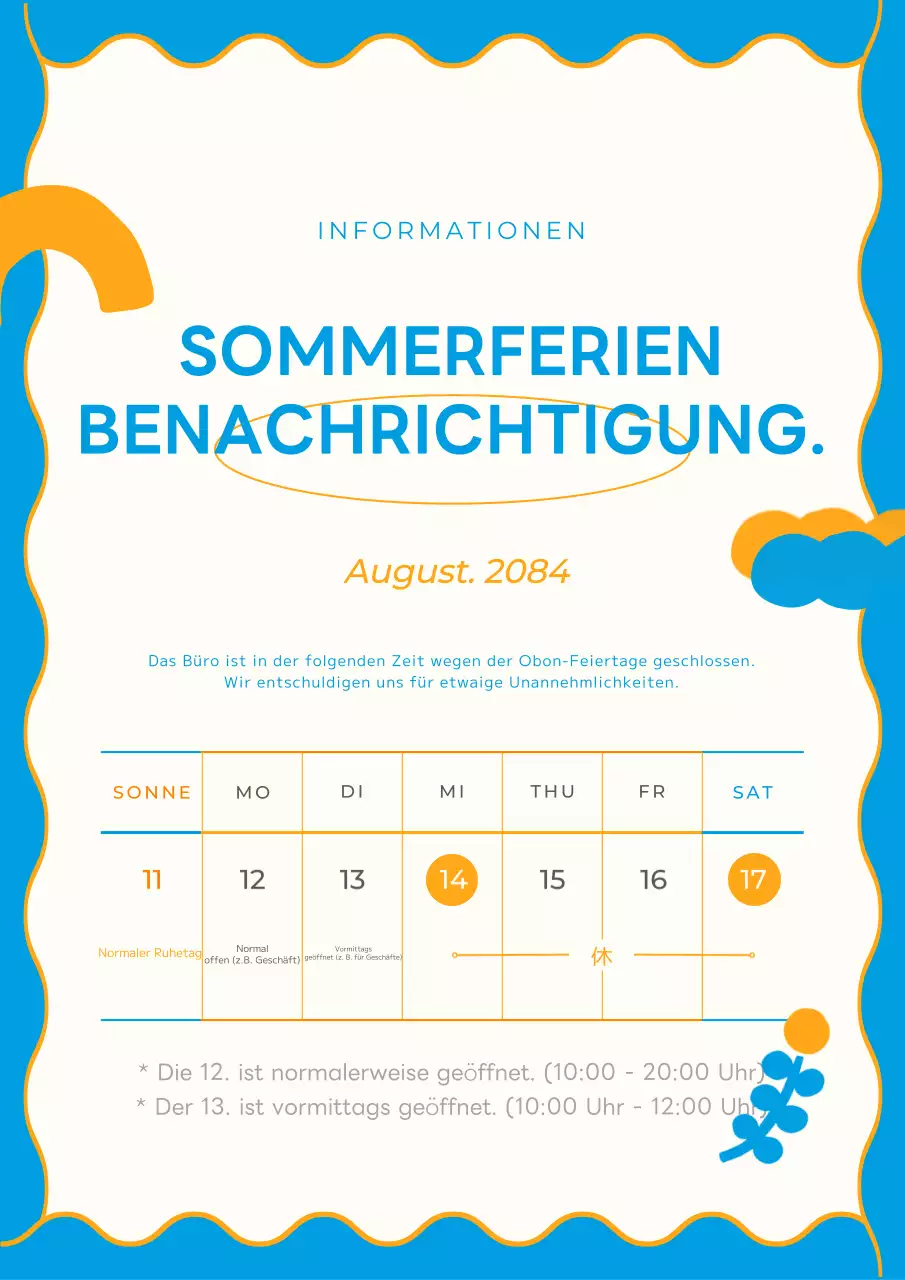 Nette und einfache Konzept Urlaub Ankündigung in blau und orange