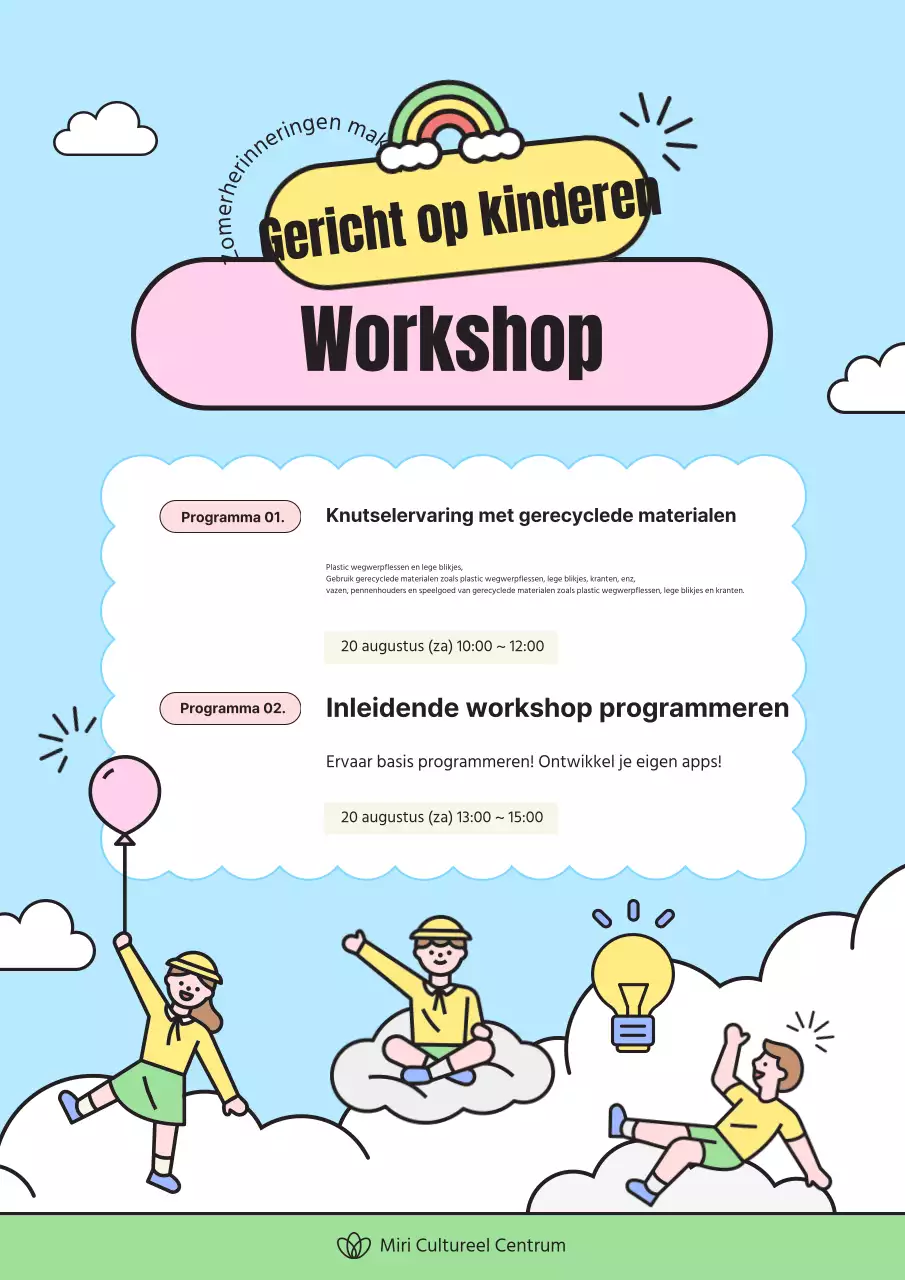 Publiciteit voor een mooie lichtblauwe en gele zomervakantieworkshop.