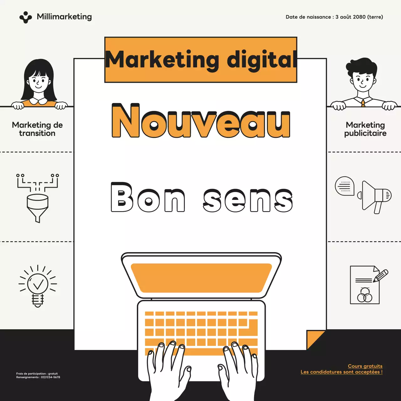 Promotion d'un simple cours en ligne gratuit de marketing orange et noir.
