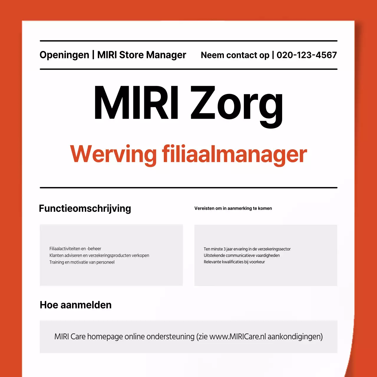 Eenvoudige oranje en witte vacature voor filiaalmanager van een verzekeringsmaatschappij