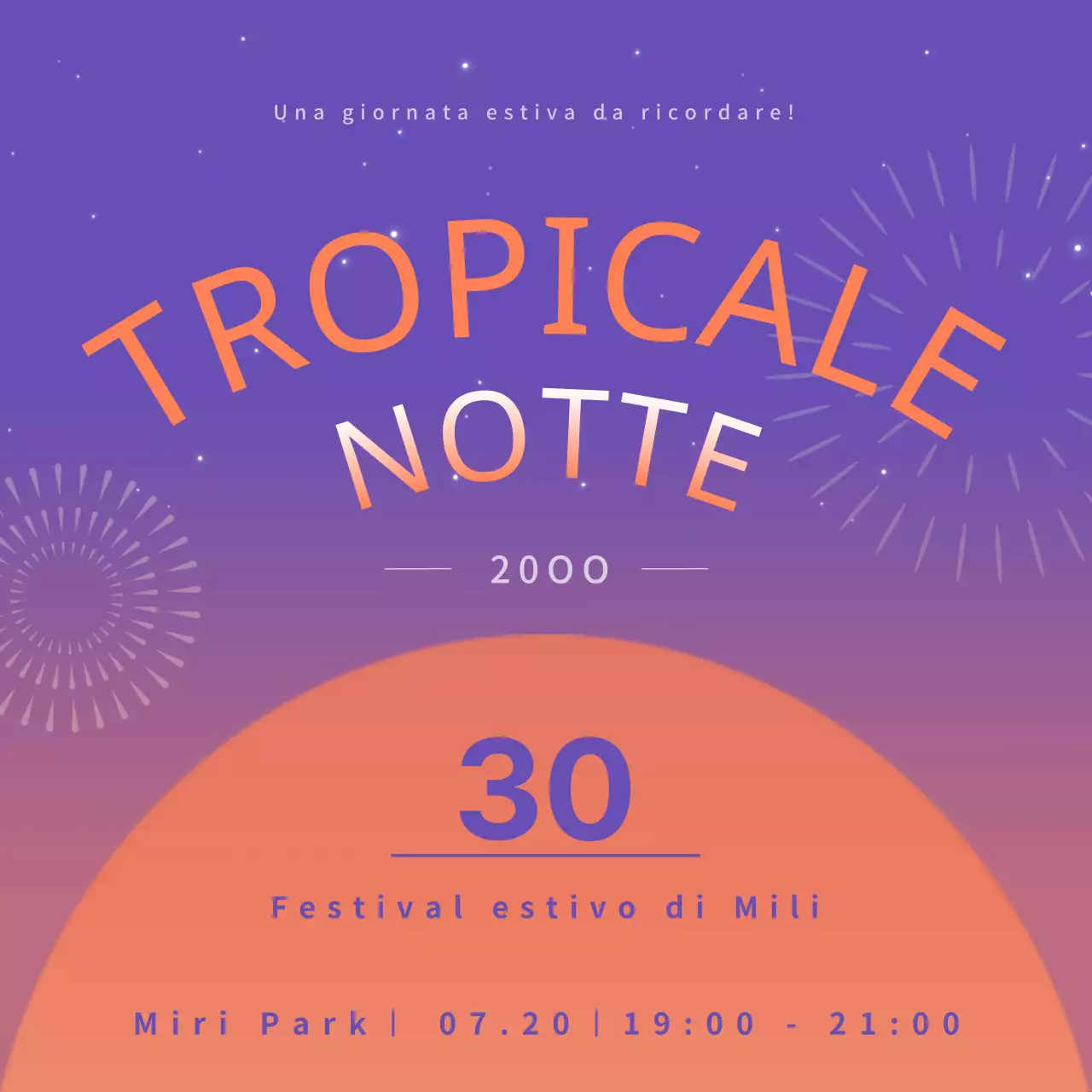 Annuncio di fuochi d'artificio estivi tropicali arancioni e viola.