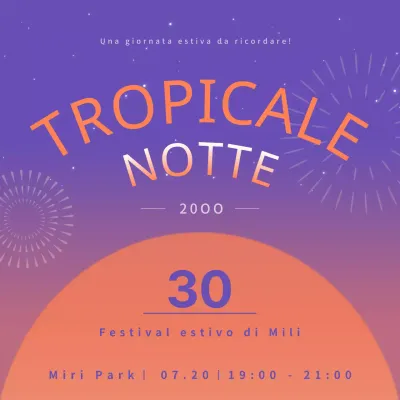 Annuncio di fuochi d'artificio estivi tropicali arancioni e viola.