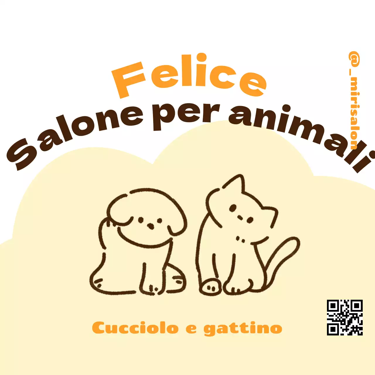 Design di banner per un titolo inglese con una simpatica illustrazione di un cucciolo di cane e gatto con un simpatico codice QR.
