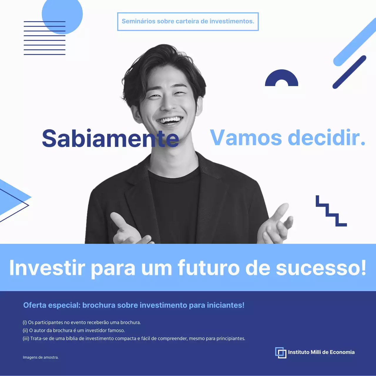Publicidade para seminários de investimento modernos em índigo e azul claro.