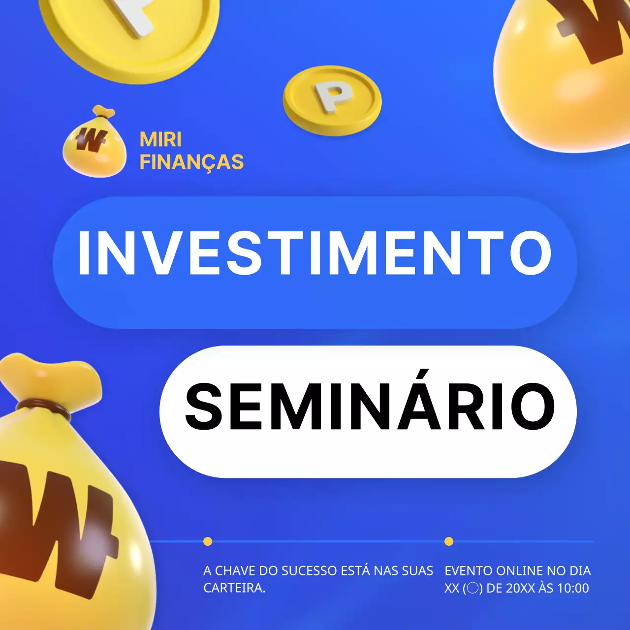 Publicidade para seminários de investimento em azul e amarelo da moda.