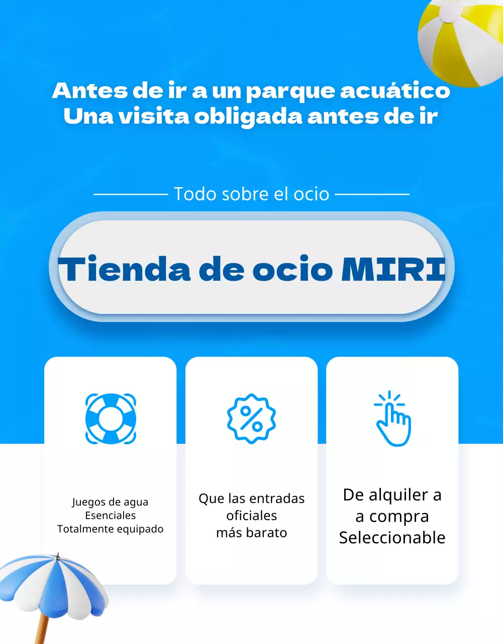 Anuncio promocional de una tienda de ocio con detalles en azul y amarillo