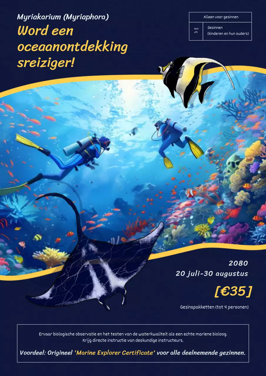 Publiciteit voor de nieuwste tentoonstelling van het aquarium, in indigo en geel.