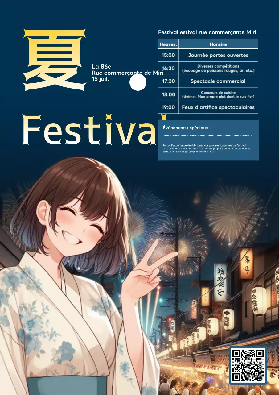 Promouvoir un festival d'été avec un arrière-plan coloré bleu marine et des illustrations caricaturales.