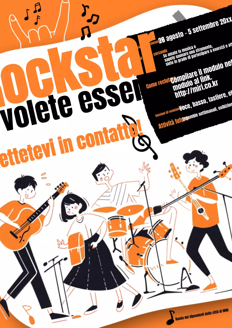 Pubblicità retrò per il reclutamento di gruppi musicali in arancione e nero