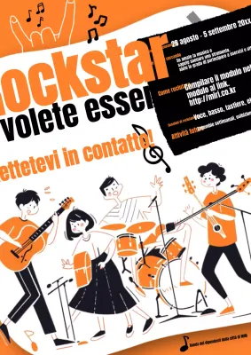 Pubblicità retrò per il reclutamento di gruppi musicali in arancione e nero