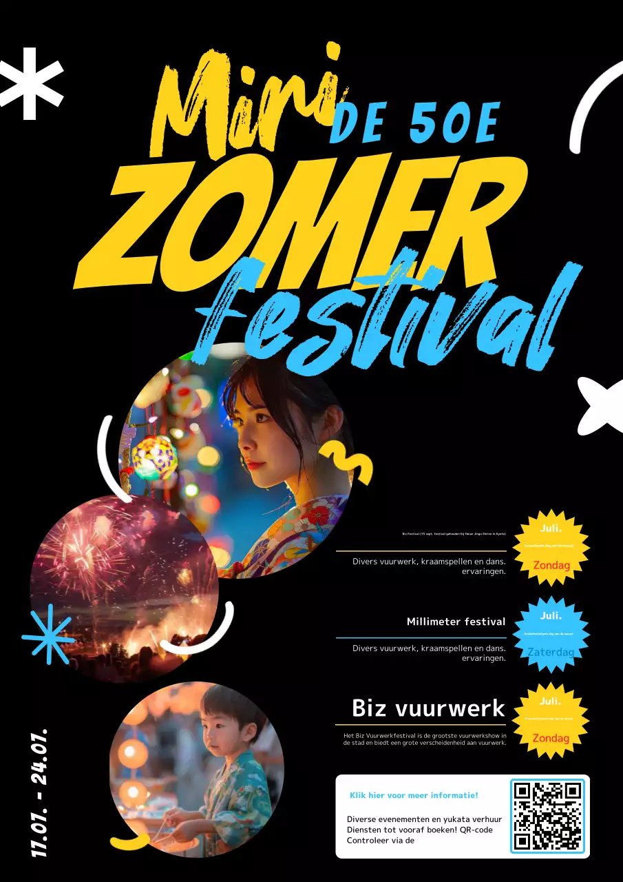 Promoot zomerfestivals met een vrij en kleurrijk concept met zwarte vormen en foto's